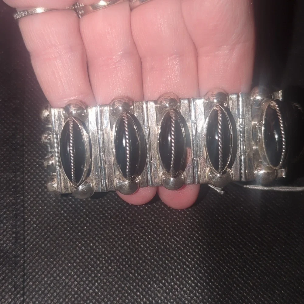 CHUNKY Vintage Mexican Sterling & Onyx Bracelet 1940s Brutalist